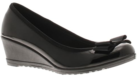 Platino Henrietta Women's Black Shoes - Comfortable Work Slip On, Ladies Slip-Ons with 5cm High Heel, Sleek Wedge Shoes with Ribbon, Perfect Platforms for Work Black Patent 6 UK