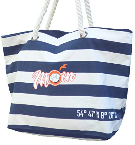 Fördeblau Maritimer Shopper | Strandtasche mit Moin-Motiv | 36x35x18cm | Baumwoll-Segeltuch | Blau-Weiß Gestreift | Ideal für Strand & Einkauf