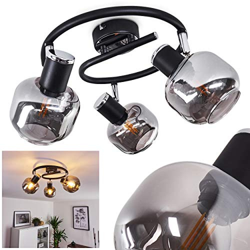 Taklampa Lexington, rund taklampa av metall/glas i svart/krom/rökat glas, 3-flammig med justerbara spotlights, 3 x E14-fäste, takspot i retrodesign, utan glödlampor