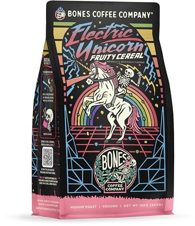 Bones Coffee Company Electric Unicorn, Fruity Cereal With Milk Flavored Coffee, Medium Roast Low Acid Arabica Beans Compatible with Auto drip and French Press Coffee Maker, 12 Oz Ground