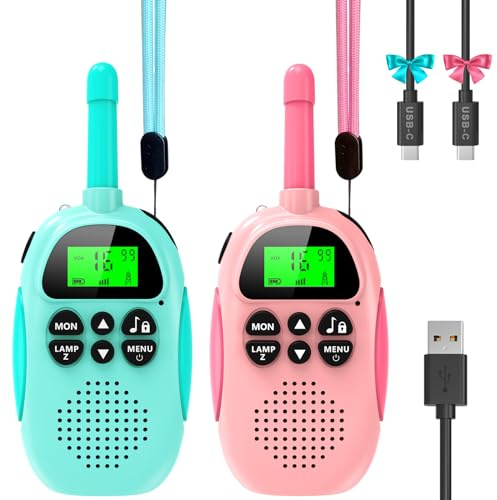 Ushining Walkie Talkie Bambini, 16 Canali Radio Giocattolo a 2 Vie con Torcia LCD Retroilluminata VOX Walkie Talkie Ricaricabile a Lungo Raggio, Regalo per Ragazze e Ragazzi di 3-12 Ann (Blu e Rosa)