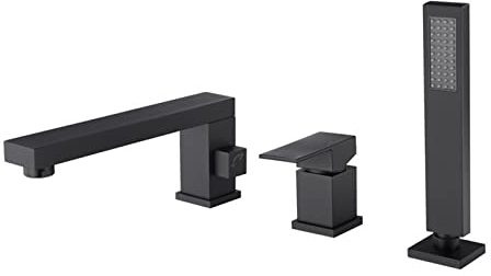 Badewanne Wasserhahn 3 Loch Wannenrandarmatur mit Ausziehbarem Handbrause 3 Loch Armatur für Badewanne Badewannenarmatur für Bad Badezimmer, Schwarz