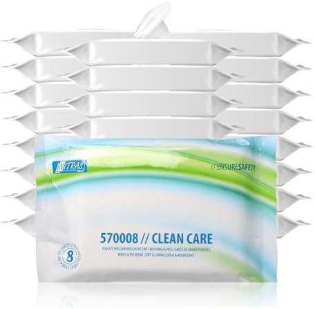 Nitras Clean Care Feuchte Einmal Waschhandschuhe mit Aloe Vera & Kamille für Gesicht, Körper, Hände - 8 besonders weiche & erwärmbare Tücher Größe 23 x 14 cm (24)