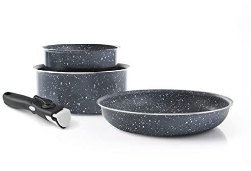 Qdesign - 4-Teiliges Induktionskochgeschirr - Set Bestehend aus 2 Töpfen (16 und 20 cm), 1 Sauteuse (24 cm) und 1 Abnehmbarem Griff - Aluminium - Feuerfest - Marmorgrau