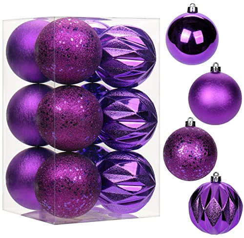 12 pcs Christmas Baubles Xmas Ball Ornaments with Strings, 80mm/3.1 Purple Shatterproof Plastic Hanging Decorations, Christmas Tree Pendants for Home Party Wedding Holiday