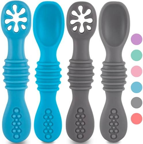 HOMYBABY® Silikon-Baby-Löffel – Babylöffel ab 6 Monate und für 2 Phasen – BLW Antibakterielles Esslernbesteck – Baby-Besteck mit 2 ergonomischen Baby-Löffeln – Babybesteck (L, x4)