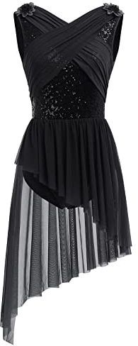 AFAVOM Damen Lyrical Dance Kostüm Pailletten Blume Lyrical Kleid Asymmetrisch Flowy Tüllrock Zeitgenössische Tanzkostüme, Schwarz, Klein