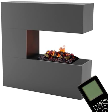 GLOW FIRE Wasserdampf Kamin Schiller (Standkamin) - Elektrokamin mit realistischen LED 3D-Flammen, Knistereffekt & Fernbedienung, 120x120x37 cm - Opti-Myst 500 Elektro Kamin mit Holz-Deko, Grau