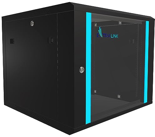 Extralink Serverschrank 19 Zoll 9HE – Netzwerkschrank 600mm Tiefe zur Wand- oder Standmontage, Traglast 60 kg, gehärtete Glastür, abschließbar 180° Öffnung, schwarz – für Heimnetzwerk & IT-Geräte