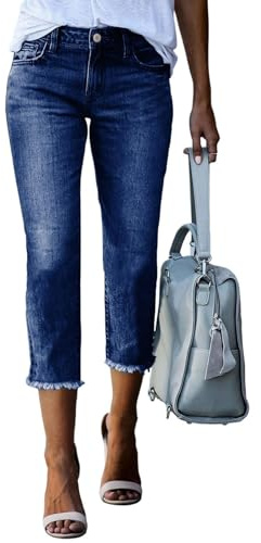 Sidefeel Women's Jeans Capri Pants Trendy 2025 High Waisted Stretchy Straight Leg Raw Hem Capri Jeans Blue Size 6