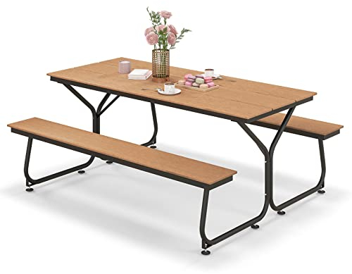 COSTWAY Bierzeltgarnitur 183 cm, Biertischgarnitur Holzoptik, Biertisch mit HDPE-Tischplatte, Schirmloch & Metallrahmen, Festzeltgarnitur Sitzgarnitur für Garten, Terrasse, Hof (Braun)