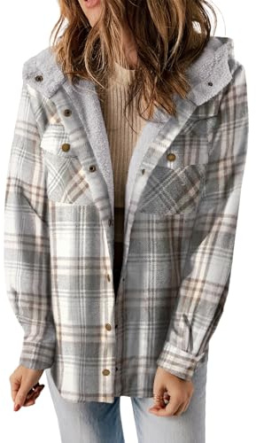 Dokotoo Womens Casual Jackets Winter Warm Thick Fleece Lined Plaid Hooded Jacket Teddy Bear Button Down Sherpa Fluffy Long Sleeve Shacket Flannel Shirts Fall Coat Outwear with Pockets Gray X-Large