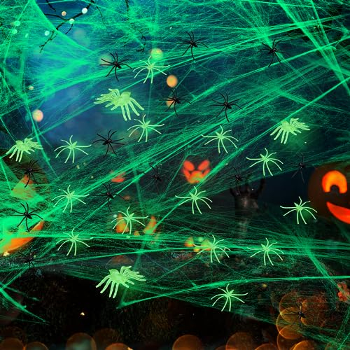 Halloween Spinnennetz Leuchtend 200g, Halloween Leuchtdeko Spinnennetz mit 50 Leuchtend Spinnen, Helloween Spinnennetz Aussen Led Netz Glow in The Dark Spider Web