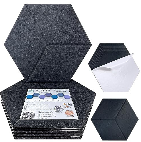 Paredes 3D | Paneles acústicos – Losas adhesivas Hexagonales – Alta densidad 180 kg/m³ – Espuma antiruido, panel acústico – Aislamiento de pared, techo | 6 placas de 300 x 260 x 9 mm (negro