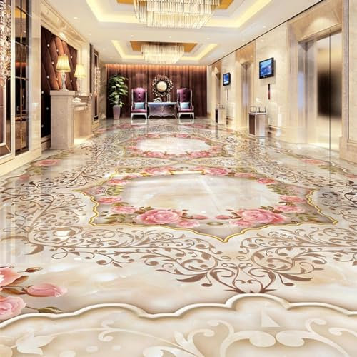 Boden Wandaufkleber Abnehmbare Wandtattoos 3D-Bodenfliesen-Tapete, Marmor, rosa Blumen, Fototapete, 250 x 175 cm Bodenfliesen Aufkleber Wohnzimmer Studie Bodenbelag Tapete, Epoxidharz