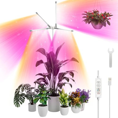 YUYMIKA 96 LEDs Grow Lights for Indoor Plants, 4-Arm Full Spectrum LED Plant Light with 3/9/12H Timer Auto ON/Off, 3M Cable, Indoor Plant Light with 11.8-59 inches Height Adjustable