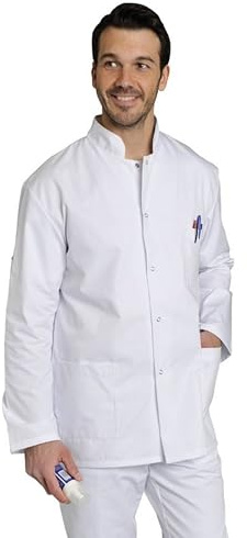 Blouse Veste médicale Homme Manche Longue réglable col Officier 3 Poches Dont 1 Poitrine Tunique médicale en Polyester Coton (Blanc XL)