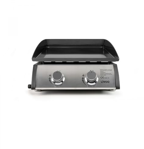 Livoo - Gasgrill DOC296-2 Brenner mit 5 kW aus Edelstahl, Grillfläche 48 x 36 cm, 6 Personen, Platte 3,5 mm, Butan und Propan