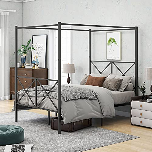 JELUTE Struttura letto a baldacchino matrimoniale con testiera e pediera in metallo, stile moderno, piattaforma in acciaio resistente, colore nero