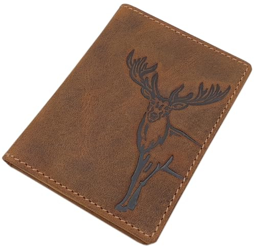 myledershop Büffel-Vollleder Ausweisetui/Ausweishülle/Kreditkartenetui mit Hirsch-Motiv und RFID & NFC Schutz in Braun