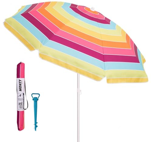 Pack de sombrilla playa Arco Iris de 8 varillas y soporte de arena con protección solar UPF+50, de revestimiento plateado, sombrilla anticorrosión de aluminio y loneta de rayas multicolor de Ø 200 cm