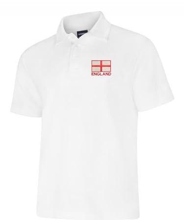 Uneek clothing England St George's Cross Embroidered Polo Shirt | Unisex White | Three Lions Fan Gift | Euro Nations Football Rugby | XS to 7XL