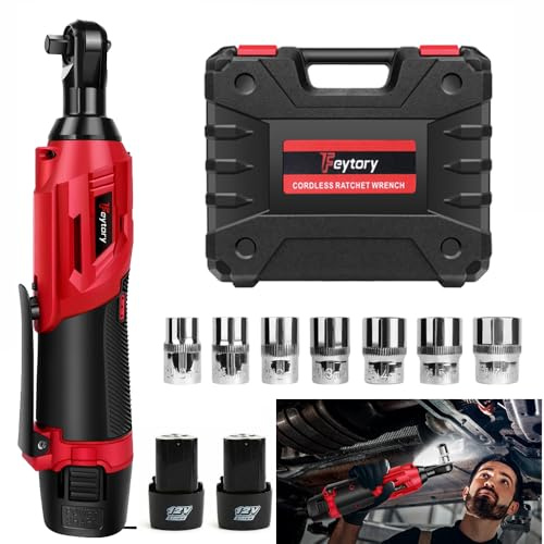 DayPlus Juego de llaves de carraca con batería de 12 V, llave de carraca eléctrica de 3/8 pulgadas, accionamiento Sq, 2300 RPM con 2 baterías de iones de litio de 1,5 Ah, cargador rápido, 7 enchufes,