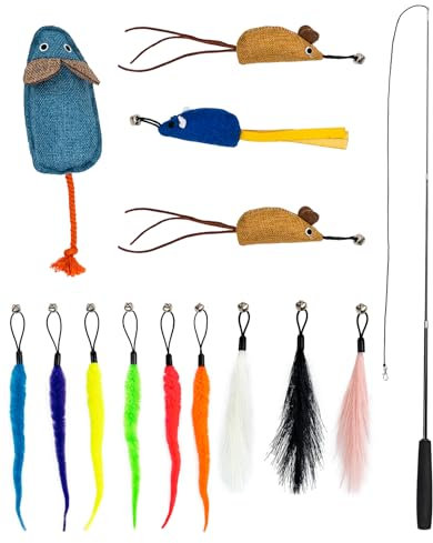 lionto Set Giocattoli per Gatti 14 Pezzi con Canna Telescopica, 12 Accessori con Campanelli, Canna con Impugnatura Imbottita, Topi di Peluche con Erba Gatta e Valeriana