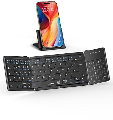 TECKNET Bluetooth Tastatur Faltbare mit Touchpad, QWERTZ Deutsch, Schwarz | 64 Tasten, 3 Bluetooth‑Kanäle, kompatibel mit iPadOS, Android, Windows, macOS, inkl. Telefonständer und PU‑Tasche