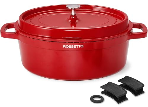 ROSSETTO 6,3L Cocotte ovale en fonte d’aluminium, revêtement antiadhérent en céramique. Couvercle avec picots saveurs. Compatible tous feux dont induction et au four jusqu’à 230℃, 31CM, Rouge