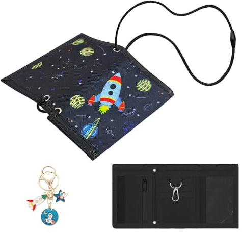 Aucuu Cartera Niño, Monedero Niñas con Cordón, Cartera Niño Triple Plegado con Llavero, Monedero y Juvenil para Colgar, para Cumpleaños Fiestas, Escuela, Ocio, Viajes-Espacio con Llavero