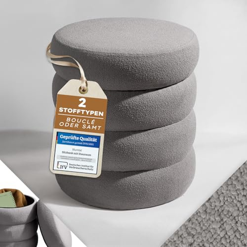 Blumtal Hocker mit Stauraum rund, Bouclé-Bezug - robuster Sitzhocker mit Stauraum & Bouclé-Stoff-Bezug extra weich 42 x 42 x 47 cm - Hocker Beige/Creme