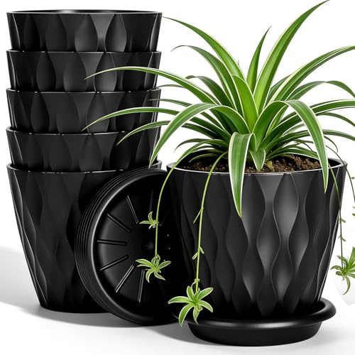 VINATO Lot de 6 Pots de Fleurs Noirs avec Soucoupes, Cache-Pots Intérieur 10cm, en PP Résistant - pour Succulentes, Herbes Aromatiques et Plantes Vertes