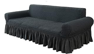 VKZ Sofabezug Stretch mit Volant für 3-Sitzer Sofa, Elastischer Sofa Überzug Waschbar, Couchbezug mit Armlehnen und Wabenmuster,Dunkelgrau