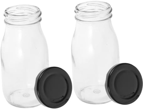 Ipetboom Botellas de Vidrio Reutilizables para Leche y Jugos 200 Ml con Tapa Hermética de Metal, Set de 2 Unidades, Envases Transparentes para Almacenar Yogur y Bebidas en Cocina y Hogar