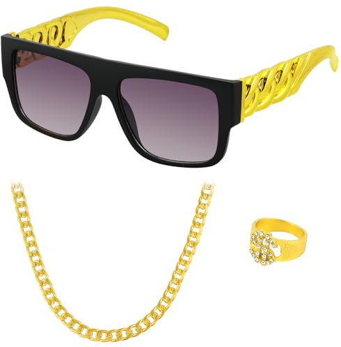 BSBUY Rapper hip hop tillbehör, 3 stycken tillhörande kostym guldkedja karneval set med 60 cm guld halsband gång ring lila glas, rappare kostym för 80s/90-talet karneval temafest karneval fest