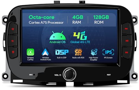 XTRONS 7 Inch Android Fiat/Abarth 500 CarPlay Radio Touch Screen 4GB+128GB | Octa Core Head Unit Upgrade with DSP Global 4G LTE IPS Screen CarAutoPlay Android Auto GPS Navigation Bluetooth Optional Dab+