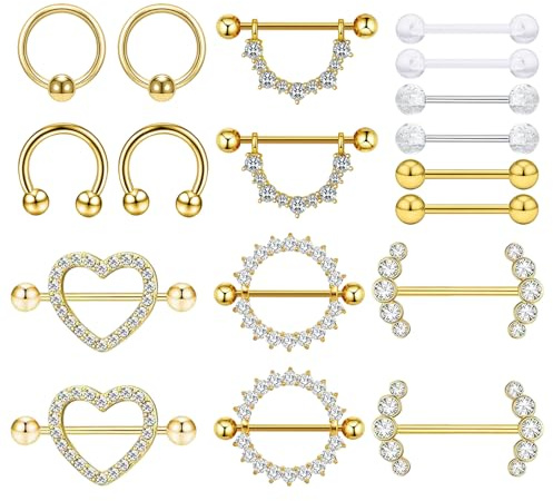 UJBVCX 9 Pièces Piercing Téton Piercing Mamelon, Acier Inoxydable Piercing Langue, Acier Chirurgical Barbells Bijoux de Piercing（Or）