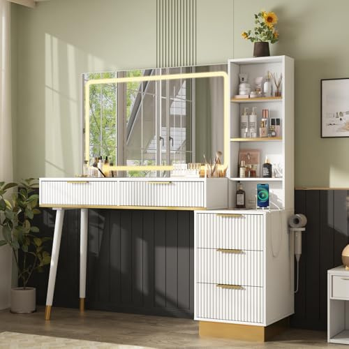 LUXOAK Fluted Dressing Table with LED Lighted Mirror, 5 Drawers, Glass Top | 3 Dimmable Colour Modes with Touch Control, Charging Station Plug Sockets & USB-C, Hair Dryer Holder, Large Makeup Vanity