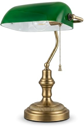 BARCELONA LED Bankerlampe Vintage E27 grünem Glasschirm, klassische Schreibtischlampe Retro mit verstellbarem Lampenschirm, Messingoptik und Zugschalter, Tischlampe für Büro Bibliothek