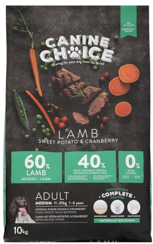 Canine Choice Super Premium Medium Breed Adult Dry Dog Food – Lamb 10kg | 60% Fresh Lamb, Grain-Free Hypoallergenic Kibble with Sweet Potato & Cranberry | High Protein for Sensitive Dogs (11-25kg)