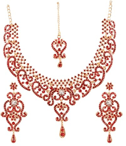 Touchstone Indian jewelry sets for women wedding bridal gold necklace bollywood desi jewellery gift party wear elegant red and white rhinestone statement simple maang tikka bride accessories
