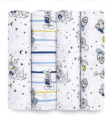 aden + anais - Paquete de 4 mantas de Disney de muselina de tienda para bebés, niñas y niños, manta de recepción para recién nacidos, 100 % algodón, Mickey Stargazer