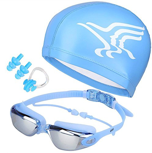 Set regolabile di occhiali da nuoto e berretto, nessuna perdita anti-nebbia, protezione UV di triathlon con clip naso, tappi per le orecchie, cover per adulti, uomini e donne giovani (blu)