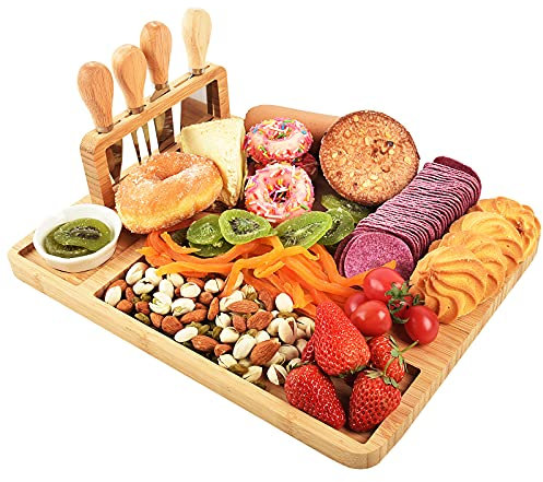 Bambus-Käsebrett-Set, Hurricom Charcuterie Platte und Servierbrett mit 4 Edelstahl-Messern, einzigartige Geschenke für Weihnachten, Hochzeit, Geburtstag, Jahrestag (35,6 x 27,9 cm)
