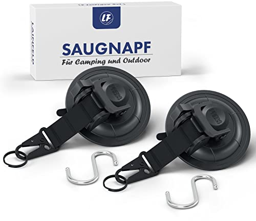 LAINFELD Saugnapf Haken | 2er Set mit Karabinerverschluss und großen Haken | Extra stark | für Camping, Auto, Balkon | Saughaken