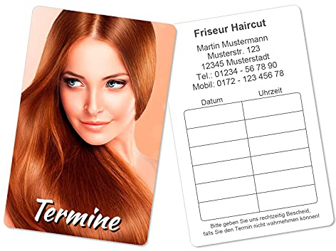 500 Terminkarten bedruckt mit Ihrer Adresse für Friseur Salon Haarmode - Kein Stempel notwendig - Inkl. Kartenspender