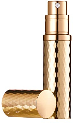 Aurdox Perfume Atomiser, 5ml Refillable Travel Size Perfume Bottle, Leaking Proof, Bottom Pump without Funnel, elegant portable size for women and men, dimond design (Gold)