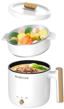 Audecook - Olla caliente eléctrica con vapor, mini cocina portátil de viaje de 1,8 l, sartén eléctrica multifuncional antiadherente para freír/estofado/vapor, perfecta para fideos ramen, pasta/huevo