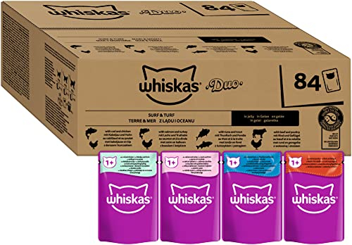 Whiskas Adult 1+ Katzennassfutter Tasty Duo Surf & Turf in Gelee, 84 Portionsbeutel, 84x85g (1 Großpackung) – Hochwertiges Katzenfutter nass, für ausgewachsene Katzen